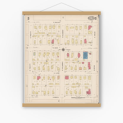 Old map wall art mockup — magnetic wood frame on white wall — Sanborn Fire Insurance Map from Bryan, Williams County, Ohio (1923), Sheet #0005