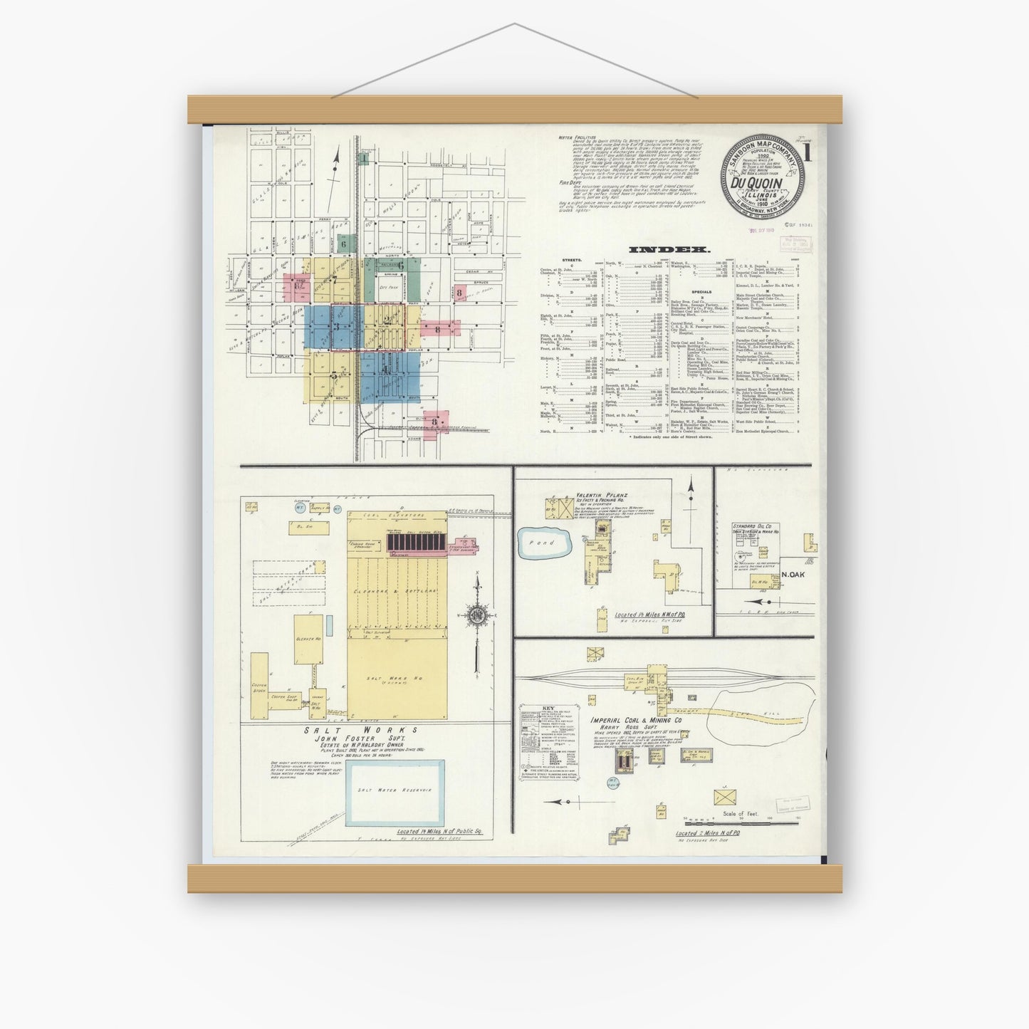 Old map wall art mockup — magnetic wood frame on white wall — Sanborn Fire Insurance Map from Du Quoin, Perry County, Illinois (1910) - Complete Map Set