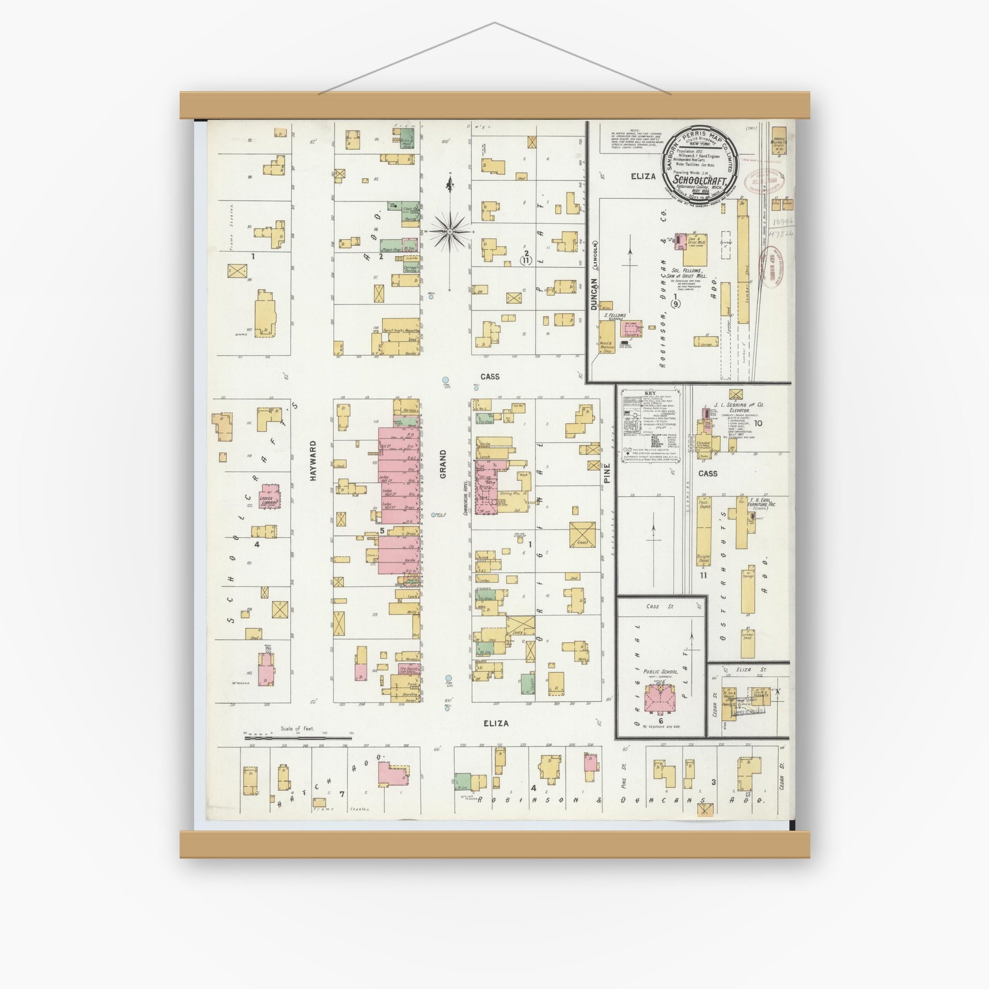 Old map wall art mockup — magnetic wood frame on white wall — Sanborn Fire Insurance Map from Schoolcraft, Kalamazoo County, Michigan (1899), Sheet #0001