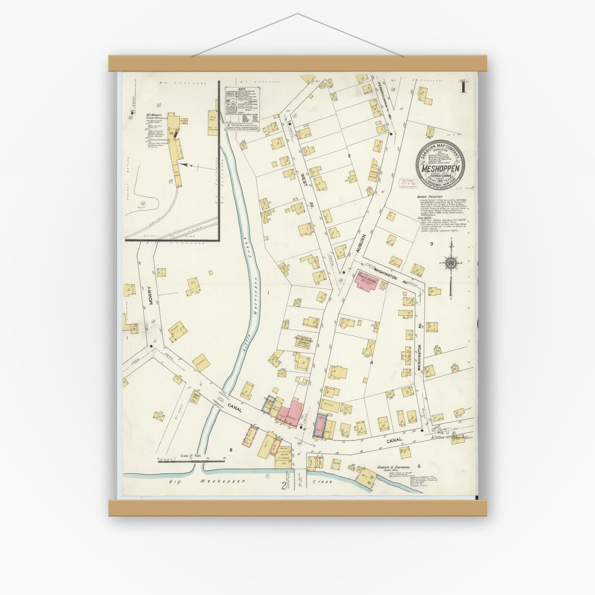 Old map wall art mockup — magnetic wood frame on white wall — Sanborn Fire Insurance Map from Meshoppen, Wyoming County, Pennsylvania (1911), Sheet #0001