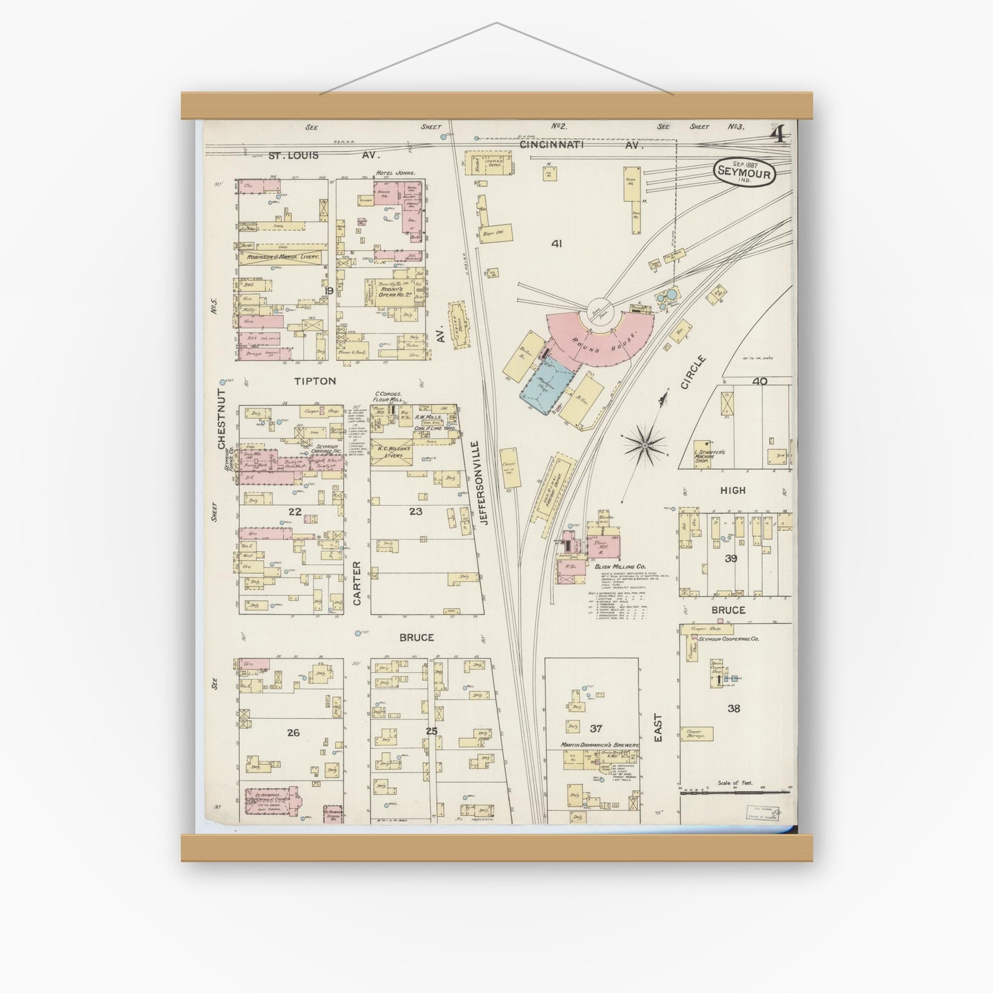Old map wall art mockup — magnetic wood frame on white wall — Sanborn Fire Insurance Map from Seymour, Jackson County, Indiana (1887), Sheet #0004