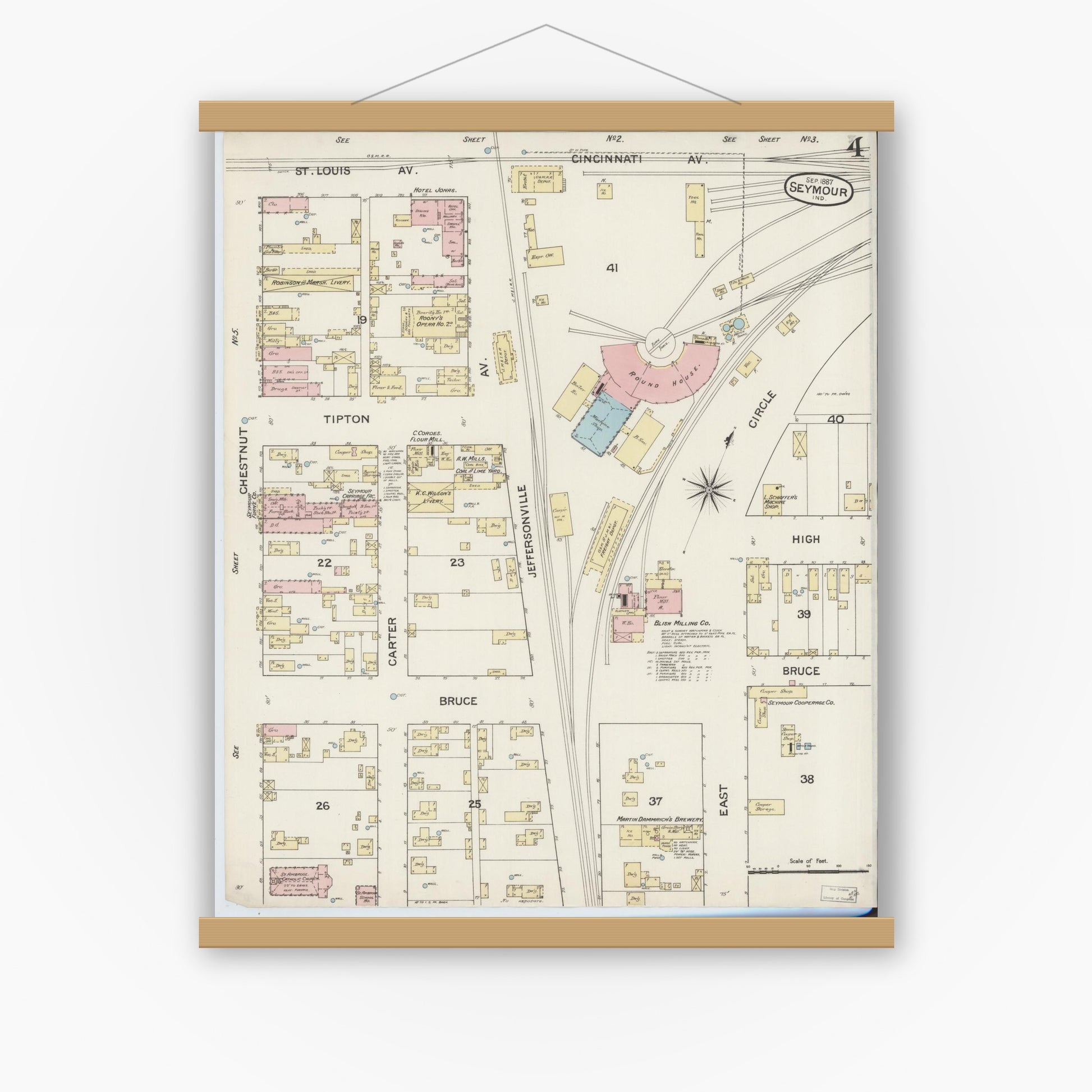 Old map wall art mockup — magnetic wood frame on white wall — Sanborn Fire Insurance Map from Seymour, Jackson County, Indiana (1887), Sheet #0004