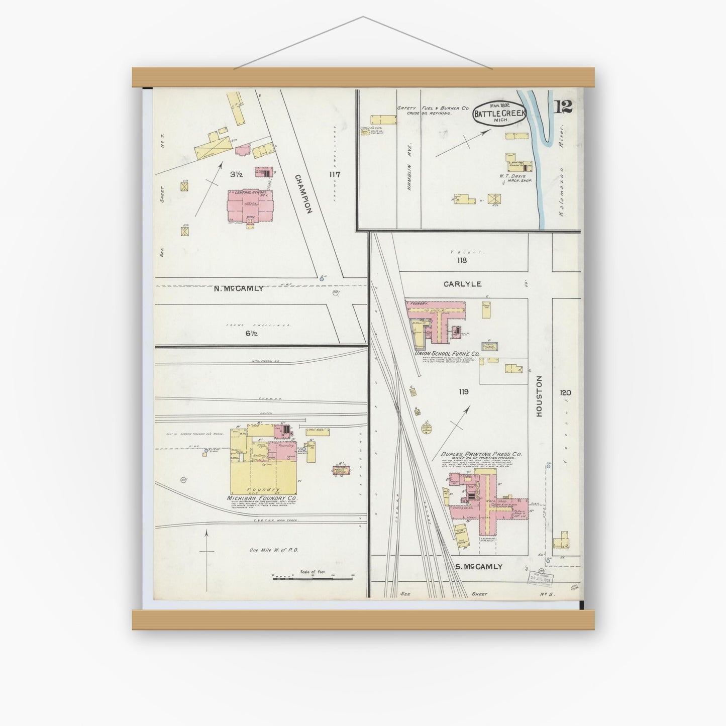 Old map wall art mockup — magnetic wood frame on white wall — Sanborn Fire Insurance Map from Battle Creek, Calhoun County, Michigan (1892), Sheet #0012