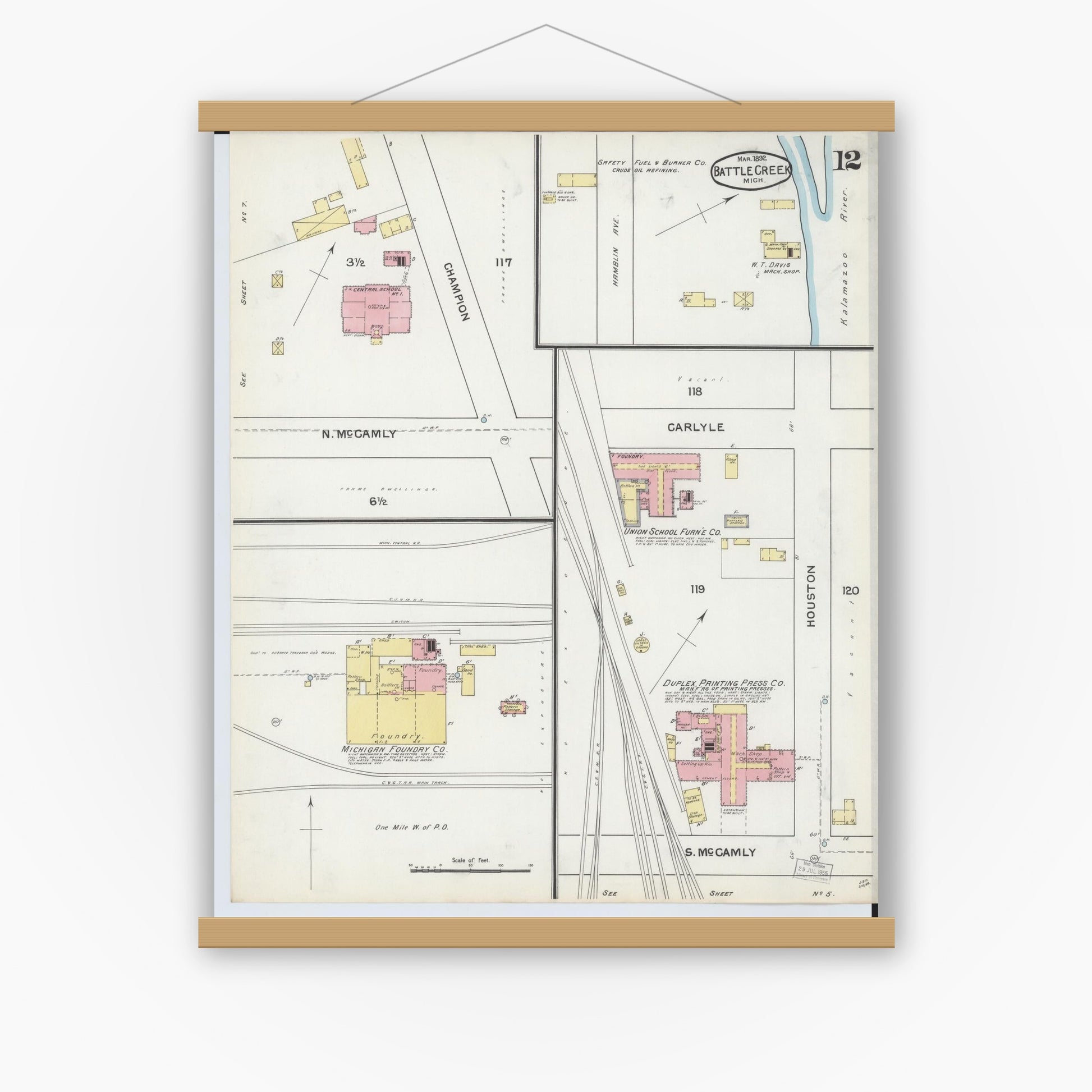 Old map wall art mockup — magnetic wood frame on white wall — Sanborn Fire Insurance Map from Battle Creek, Calhoun County, Michigan (1892), Sheet #0012