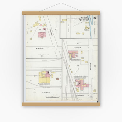 Old map wall art mockup — magnetic wood frame on white wall — Sanborn Fire Insurance Map from Battle Creek, Calhoun County, Michigan (1892), Sheet #0012