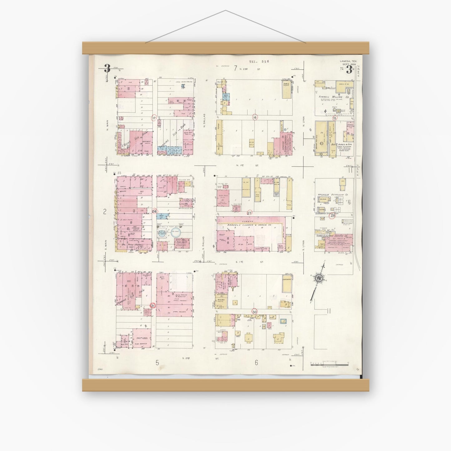 Old map wall art mockup — magnetic wood frame on white wall — Sanborn Fire Insurance Map from Lamesa, Dawson County, Texas (1948), Sheet #0003
