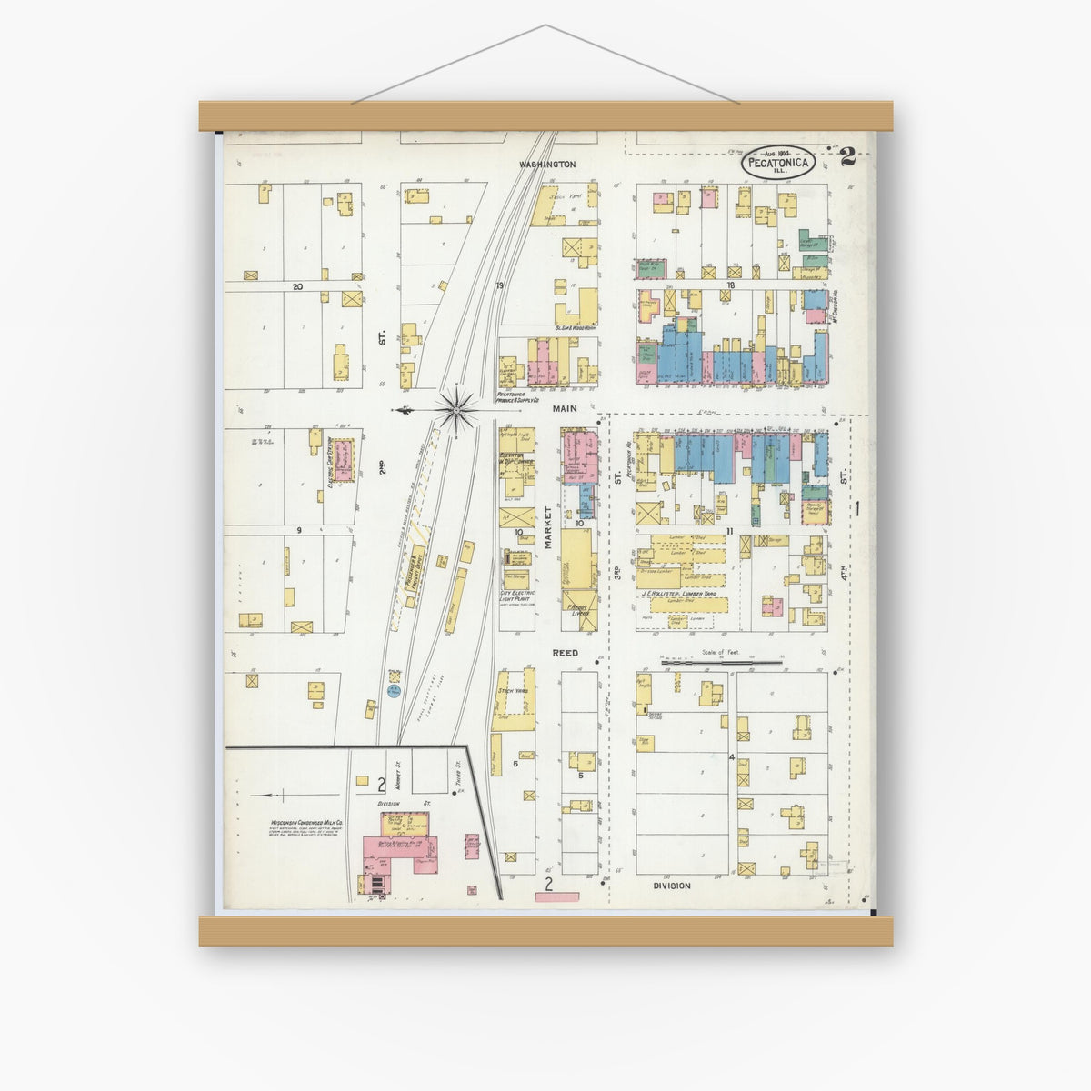 Old map wall art mockup — magnetic wood frame on white wall — Sanborn Fire Insurance Map from Pecatonica, Winnebago County, Illinois (1904), Sheet #0002