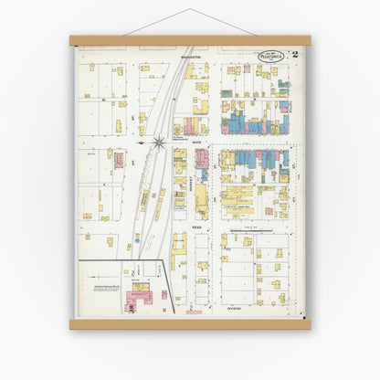 Old map wall art mockup — magnetic wood frame on white wall — Sanborn Fire Insurance Map from Pecatonica, Winnebago County, Illinois (1904), Sheet #0002