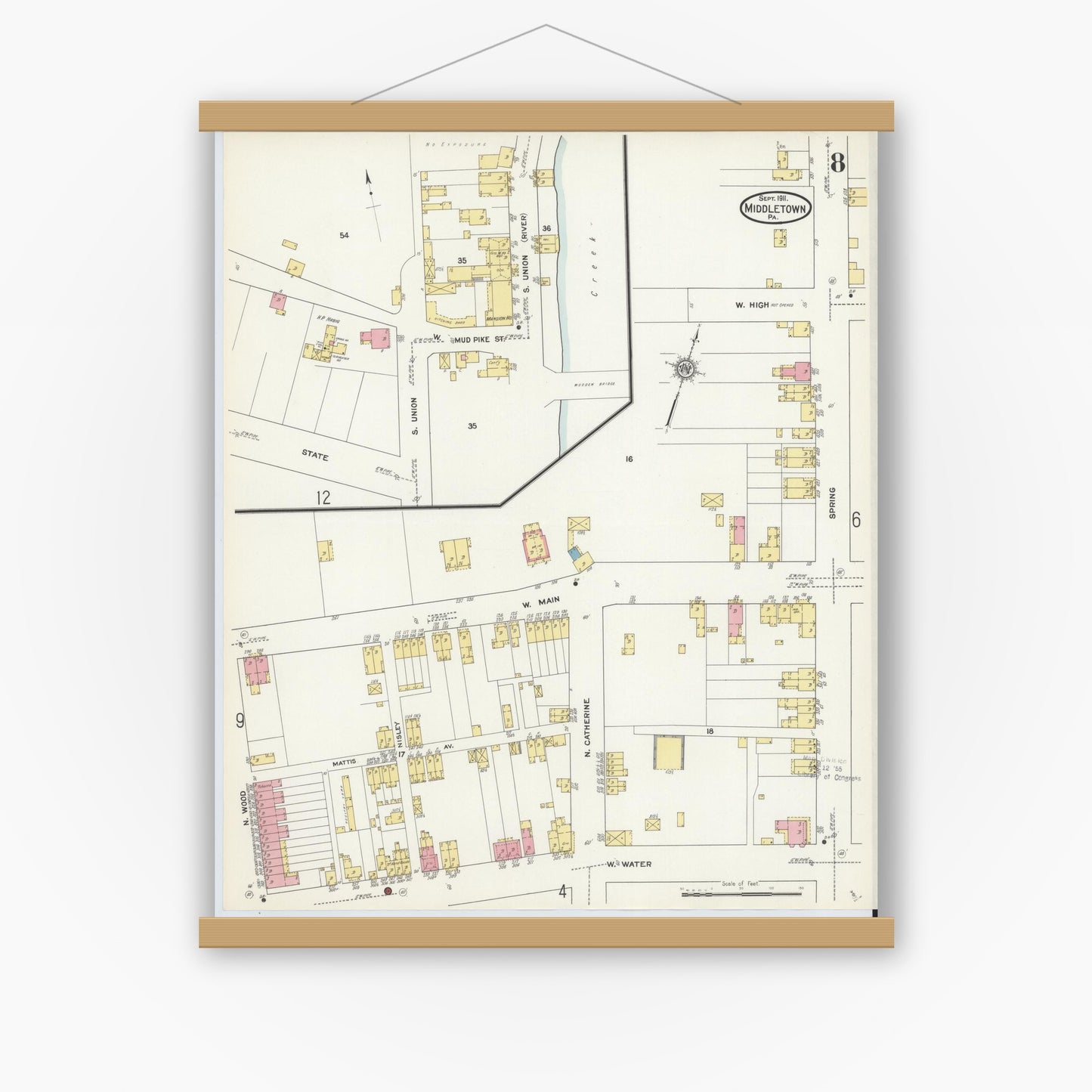 Old map wall art mockup — magnetic wood frame on white wall — Sanborn Fire Insurance Map from Middletown, Dauphin County, Pennsylvania (1911), Sheet #0008