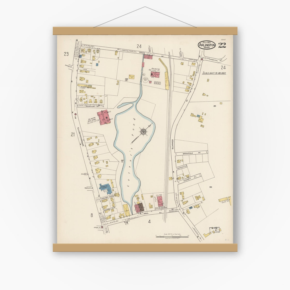 Old map wall art mockup — magnetic wood frame on white wall — Sanborn Fire Insurance Map from Arlington, Middlesex County, Massachusetts (1922), Sheet #0022