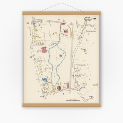 Old map wall art mockup — magnetic wood frame on white wall — Sanborn Fire Insurance Map from Arlington, Middlesex County, Massachusetts (1922), Sheet #0022