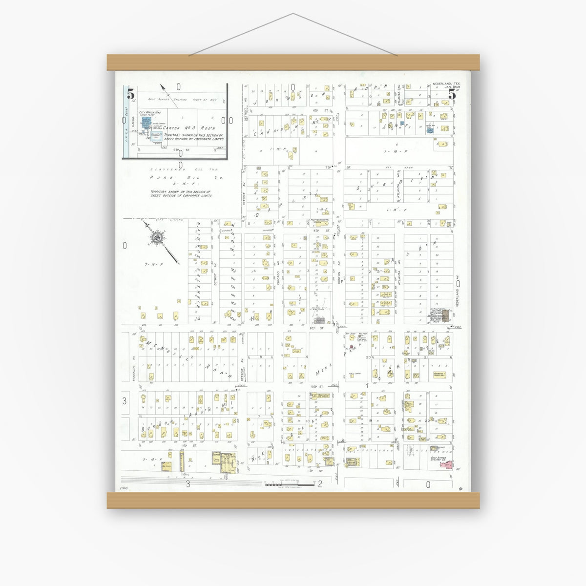 Old map wall art mockup — magnetic wood frame on white wall — Sanborn Fire Insurance Map from Nederland, Jefferson County, Texas (1949), Sheet #0005