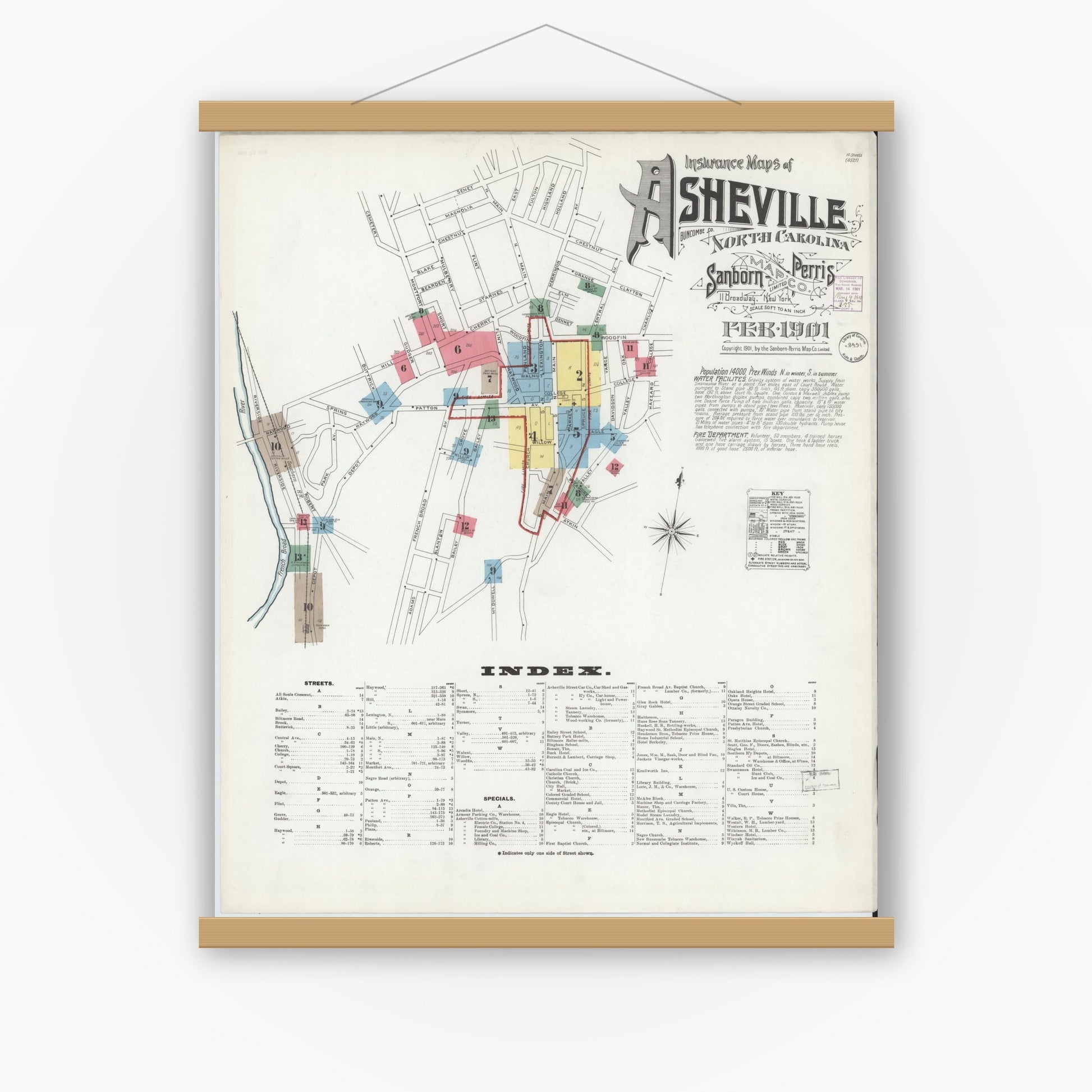 Old map wall art mockup — magnetic wood frame on white wall — Sanborn Fire Insurance Map from Asheville, Buncombe County, North Carolina (1901), Sheet #0001