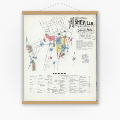 Old map wall art mockup — magnetic wood frame on white wall — Sanborn Fire Insurance Map from Asheville, Buncombe County, North Carolina (1901), Sheet #0001
