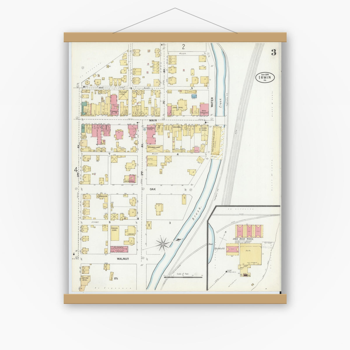 Old map wall art mockup — magnetic wood frame on white wall — Sanborn Fire Insurance Map from Irwin, Westmoreland County, Pennsylvania (1899), Sheet #0003