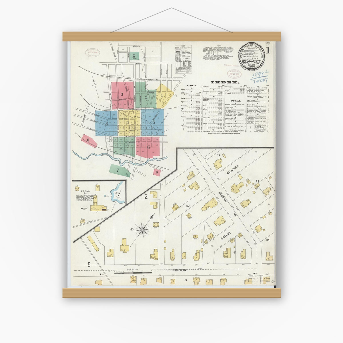 Old map wall art mockup — magnetic wood frame on white wall — Sanborn Fire Insurance Map from Waxahachie, Ellis County, Texas (1898) - Complete Map Set