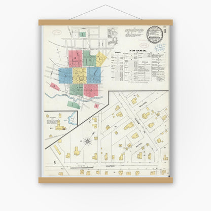 Old map wall art mockup — magnetic wood frame on white wall — Sanborn Fire Insurance Map from Waxahachie, Ellis County, Texas (1898) - Complete Map Set