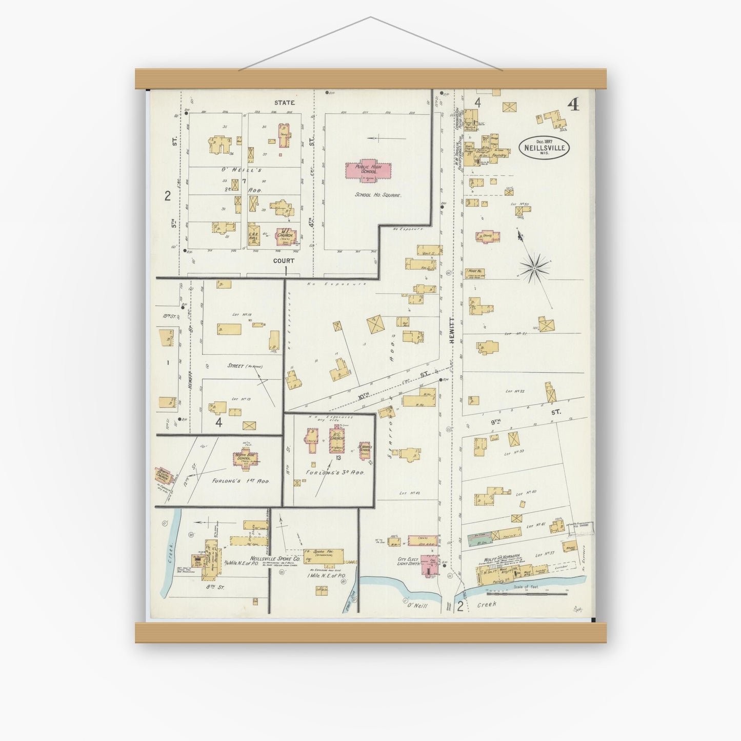 Old map wall art mockup — magnetic wood frame on white wall — Sanborn Fire Insurance Map from Neillsville, Clark County, Wisconsin (1897), Sheet #0004