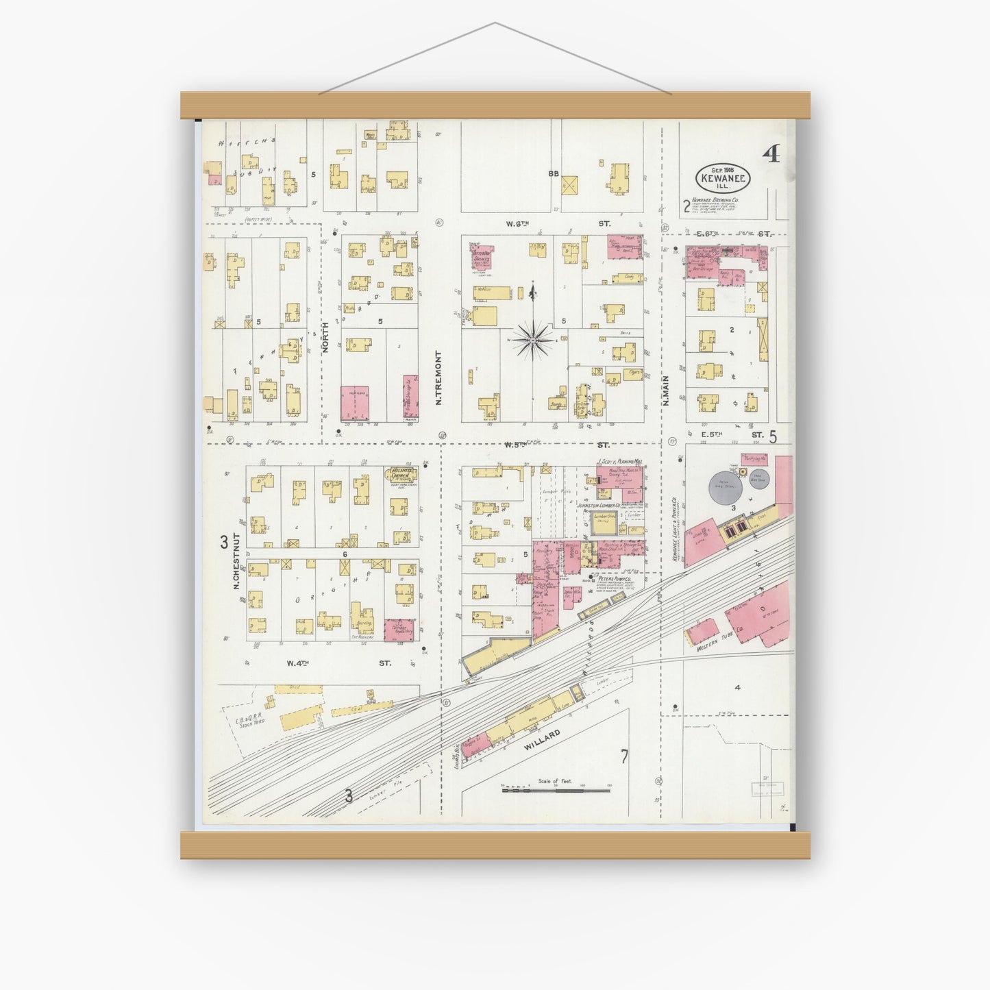 Old map wall art mockup — magnetic wood frame on white wall — Sanborn Fire Insurance Map from Kewanee, Henry County, Illinois (1905), Sheet #0004