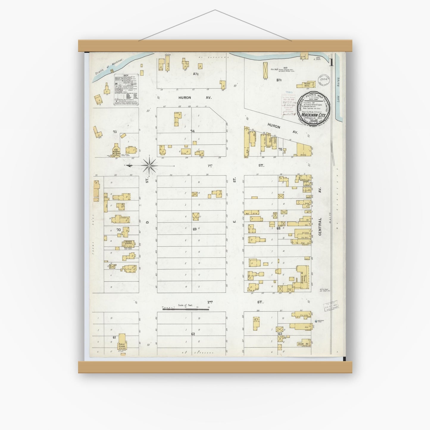 Old map wall art mockup — magnetic wood frame on white wall — Sanborn Fire Insurance Map from Mackinaw City, Cheboygan County, Michigan (1900) - Complete Map Set
