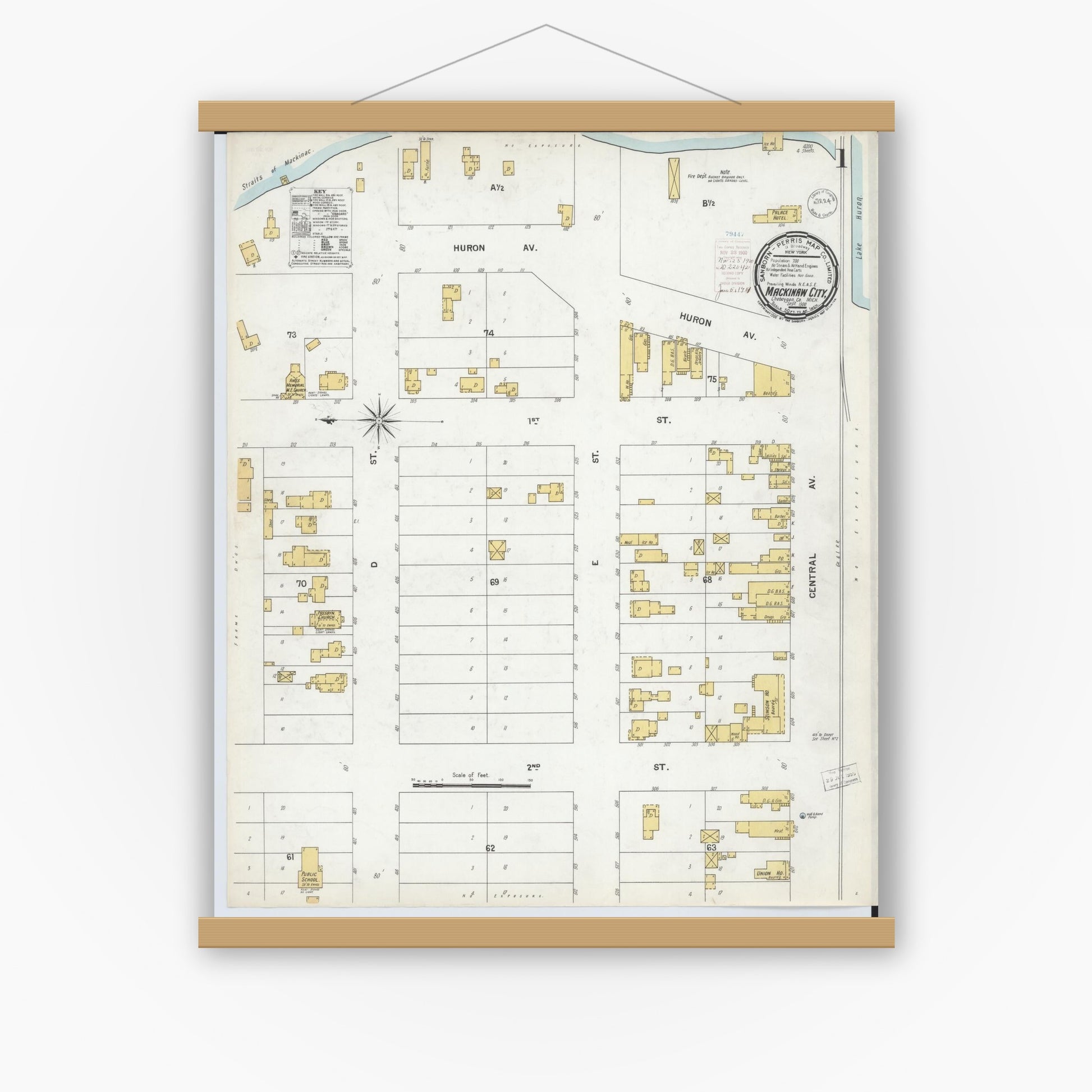 Old map wall art mockup — magnetic wood frame on white wall — Sanborn Fire Insurance Map from Mackinaw City, Cheboygan County, Michigan (1900) - Complete Map Set