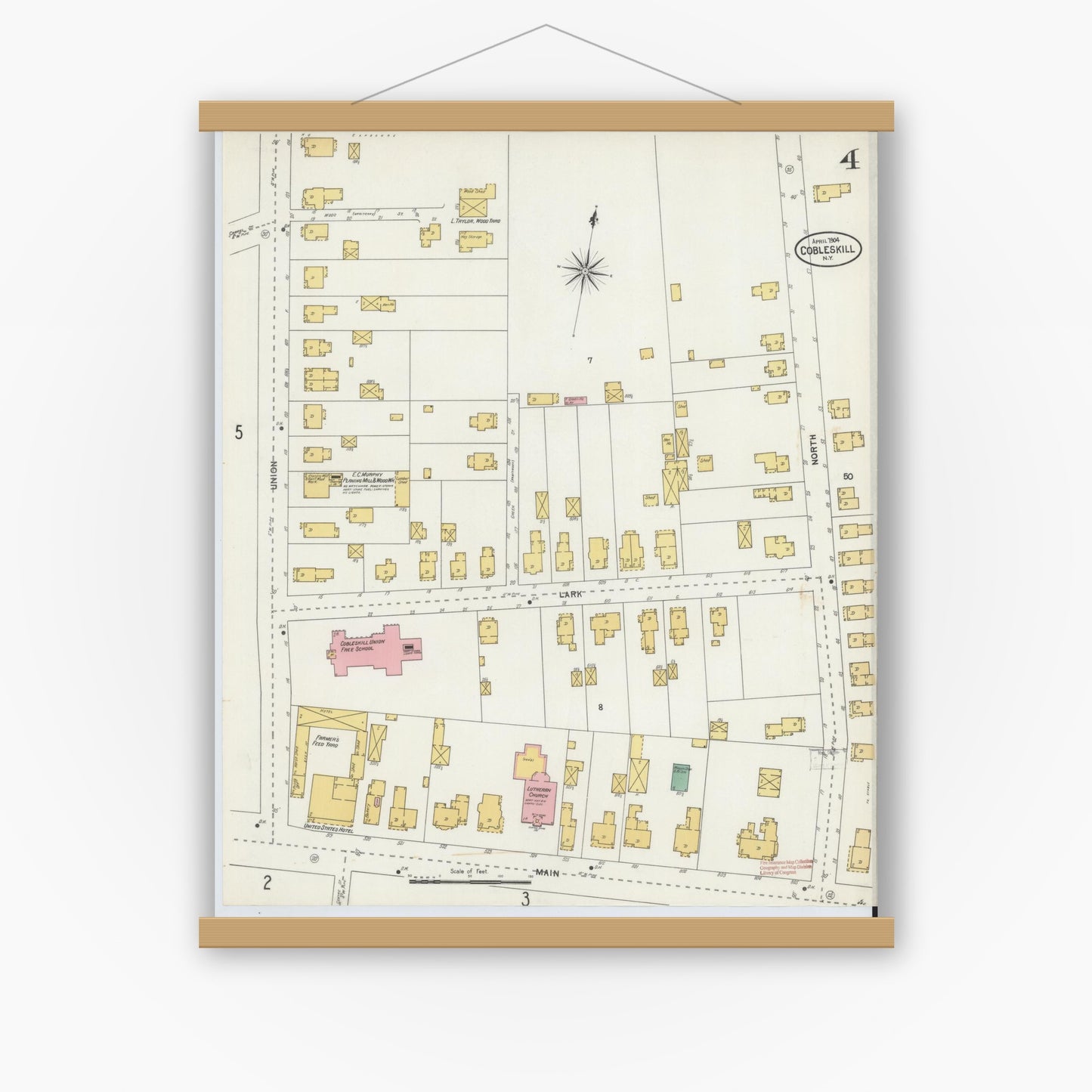 Old map wall art mockup — magnetic wood frame on white wall — Sanborn Fire Insurance Map from Cobleskill, Schoharie County, New York (1904), Sheet #0004