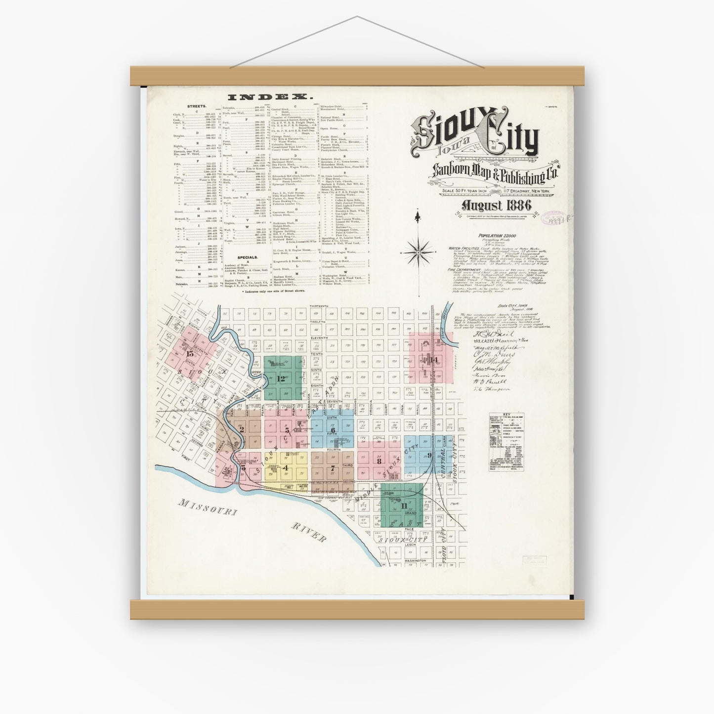 Old map wall art mockup — magnetic wood frame on white wall — Sanborn Fire Insurance Map from Sioux City, Woodbury County, Iowa (1886), Sheet #0001