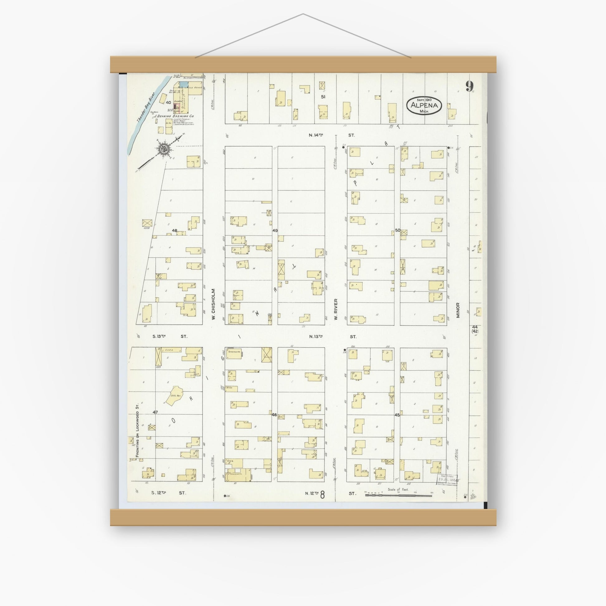 Old map wall art mockup — magnetic wood frame on white wall — Sanborn Fire Insurance Map from Alpena, Alpena County, Michigan (1910), Sheet #0009
