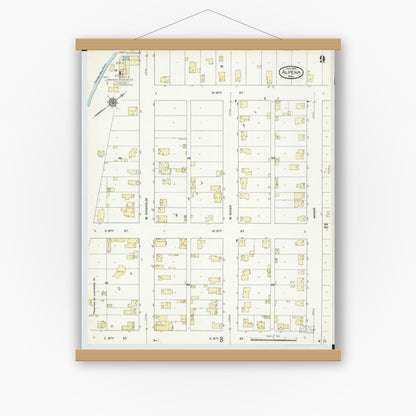 Old map wall art mockup — magnetic wood frame on white wall — Sanborn Fire Insurance Map from Alpena, Alpena County, Michigan (1910), Sheet #0009