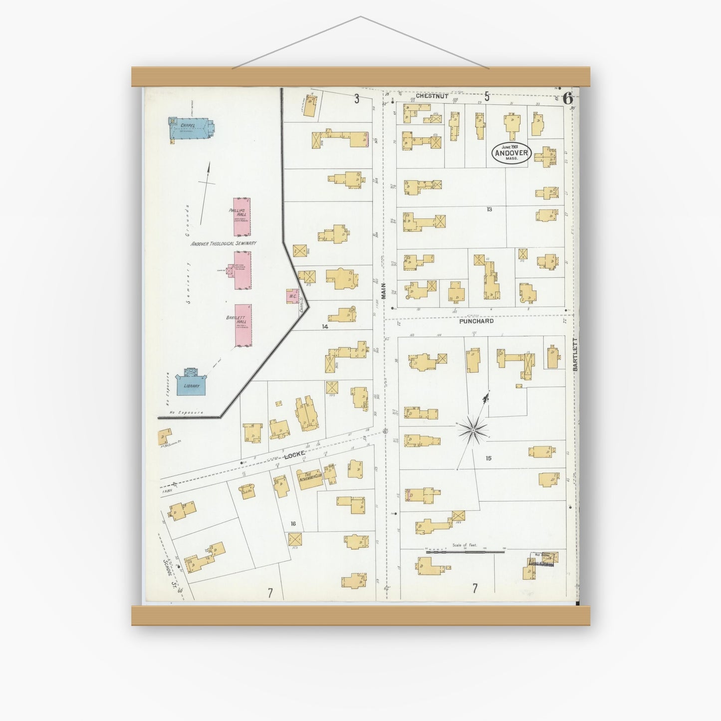 Old map wall art mockup — magnetic wood frame on white wall — Sanborn Fire Insurance Map from Andover, Essex County, Massachusetts (1901), Sheet #0006