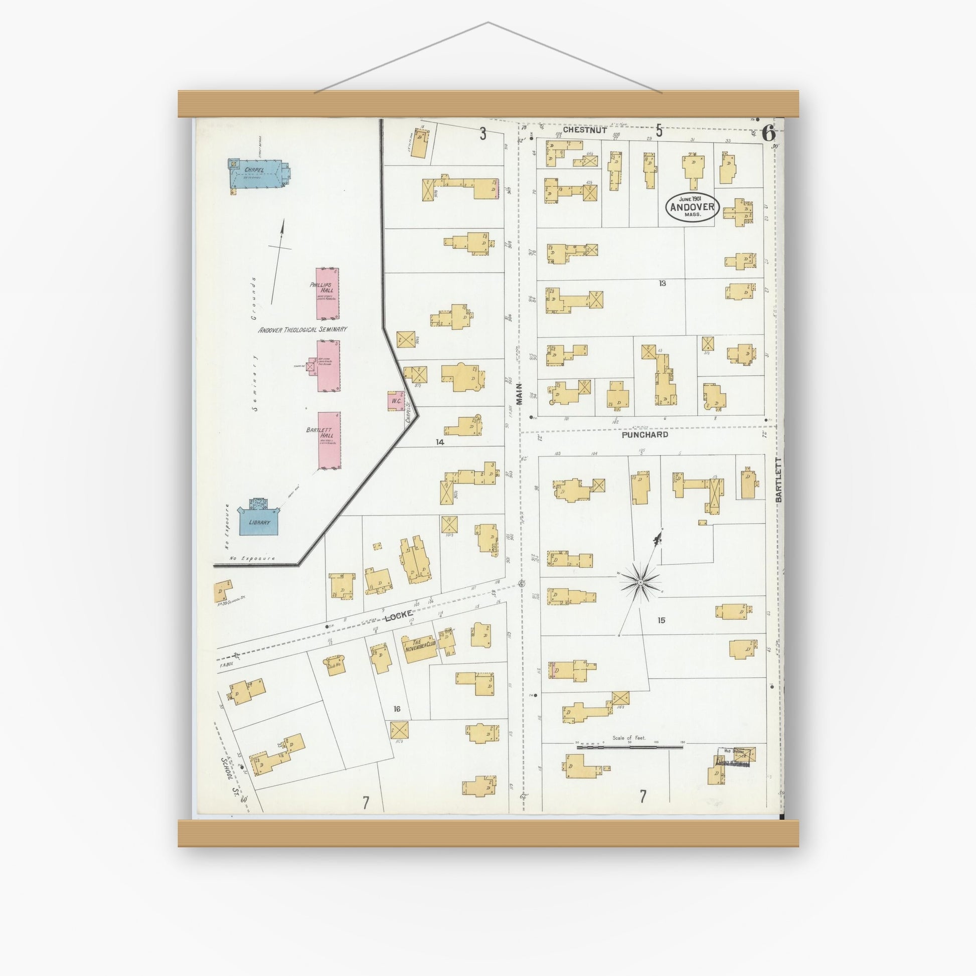 Old map wall art mockup — magnetic wood frame on white wall — Sanborn Fire Insurance Map from Andover, Essex County, Massachusetts (1901), Sheet #0006