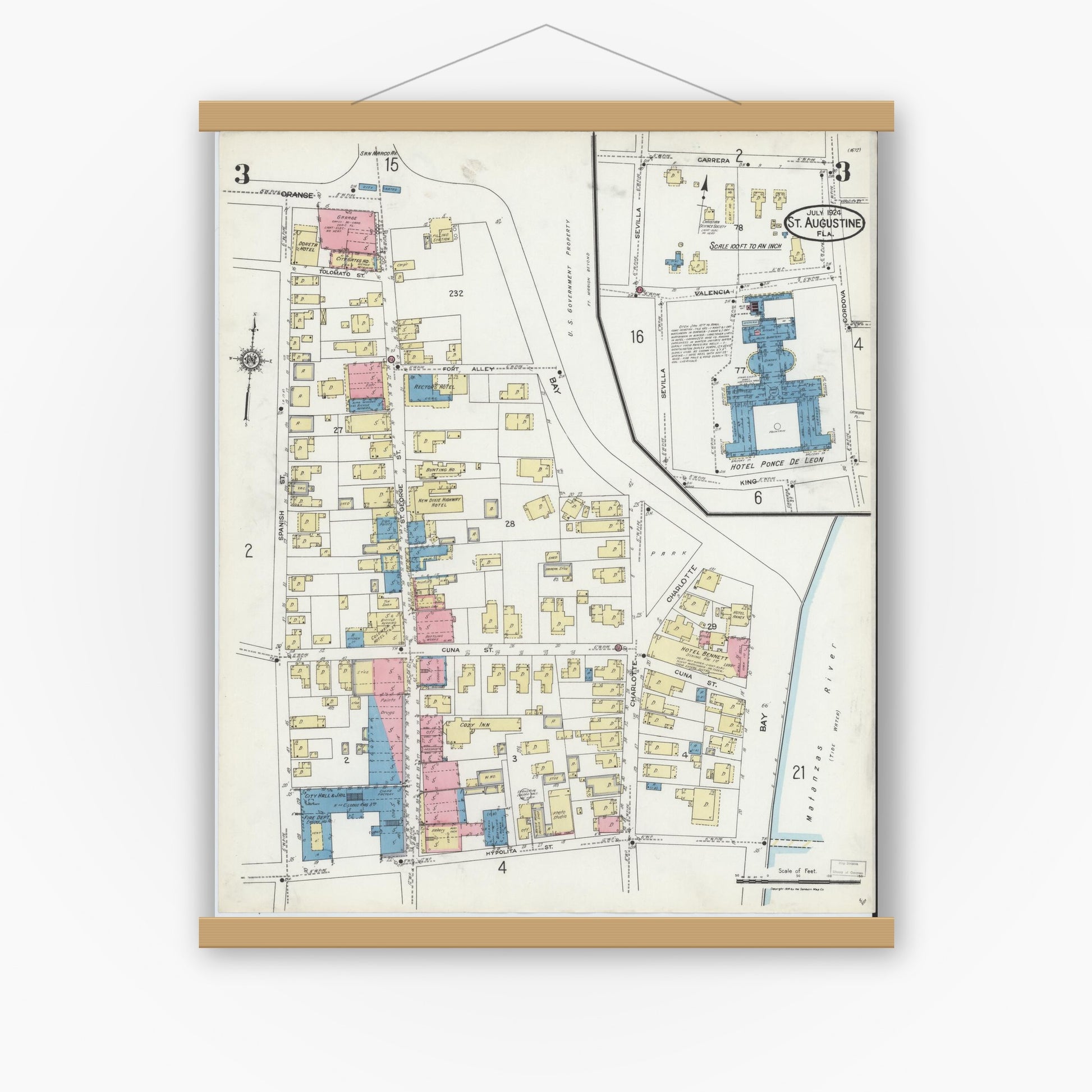 Old map wall art mockup — magnetic wood frame on white wall — Sanborn Fire Insurance Map from Saint Augustine, Saint John's County, Florida (1924), Sheet #0003