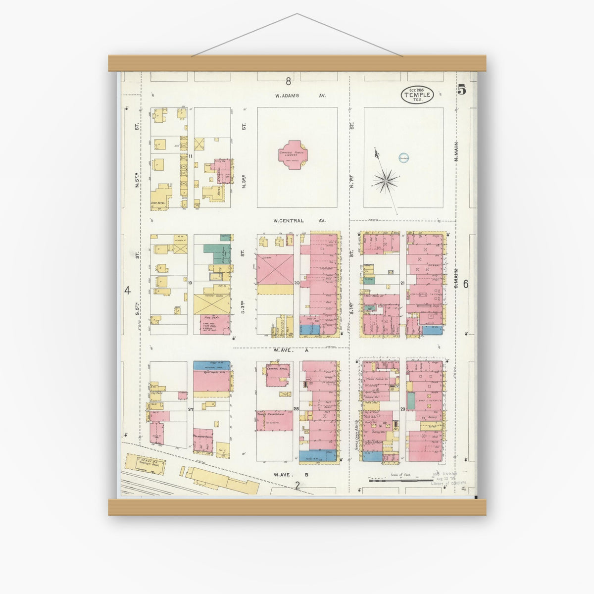 Old map wall art mockup — magnetic wood frame on white wall — Sanborn Fire Insurance Map from Temple, Bell County, Texas (1905), Sheet #0005
