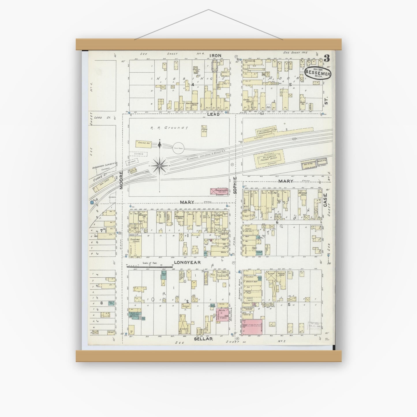 Old map wall art mockup — magnetic wood frame on white wall — Sanborn Fire Insurance Map from Bessemer, Gogebic County, Michigan (1891), Sheet #0003