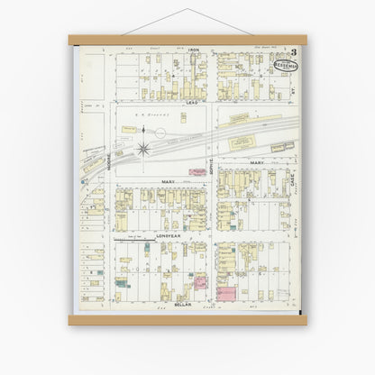 Old map wall art mockup — magnetic wood frame on white wall — Sanborn Fire Insurance Map from Bessemer, Gogebic County, Michigan (1891), Sheet #0003