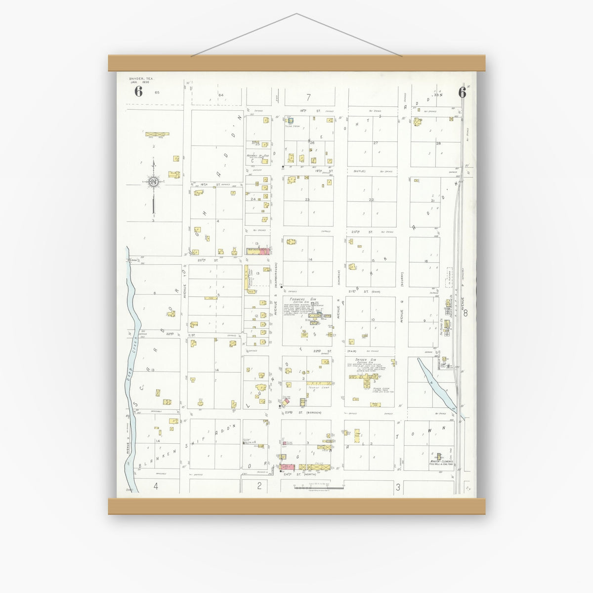 Old map wall art mockup — magnetic wood frame on white wall — Sanborn Fire Insurance Map from Snyder, Scurry County, Texas (1936), Sheet #0006