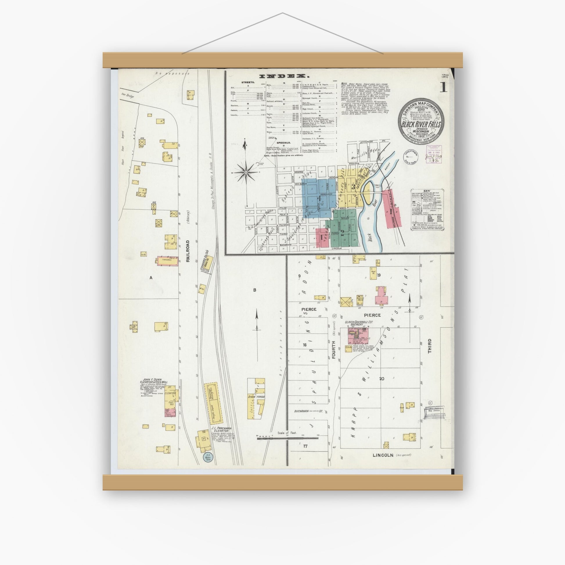 Old map wall art mockup — magnetic wood frame on white wall — Sanborn Fire Insurance Map from Black River Falls, Jackson County, Wisconsin (1902), Sheet #0001