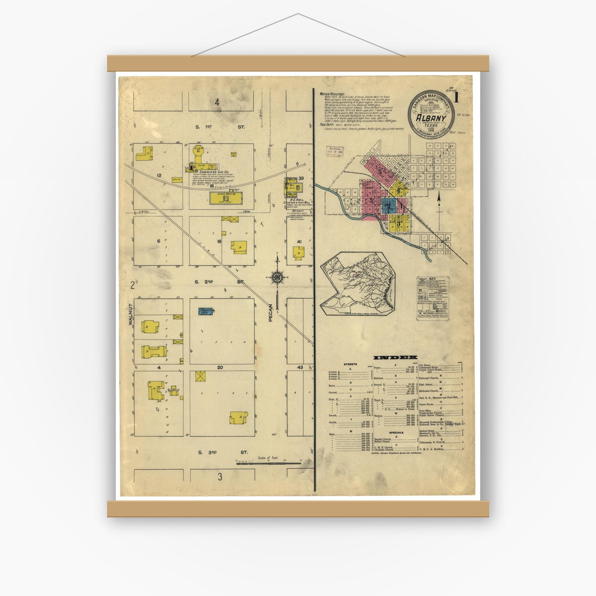 Old map wall art mockup — magnetic wood frame on white wall — Sanborn Fire Insurance Map from Albany, Shackelford County, Texas (1915), Sheet #0001