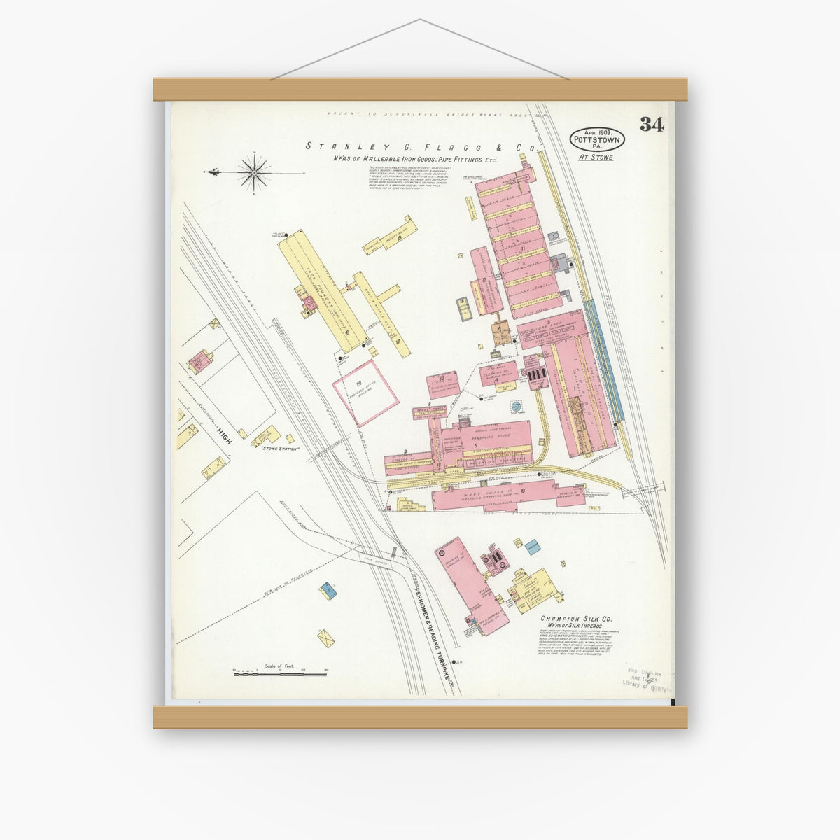 Old map wall art mockup — magnetic wood frame on white wall — Sanborn Fire Insurance Map from Pottstown, Montgomery County, Pennsylvania (1909), Sheet #0034