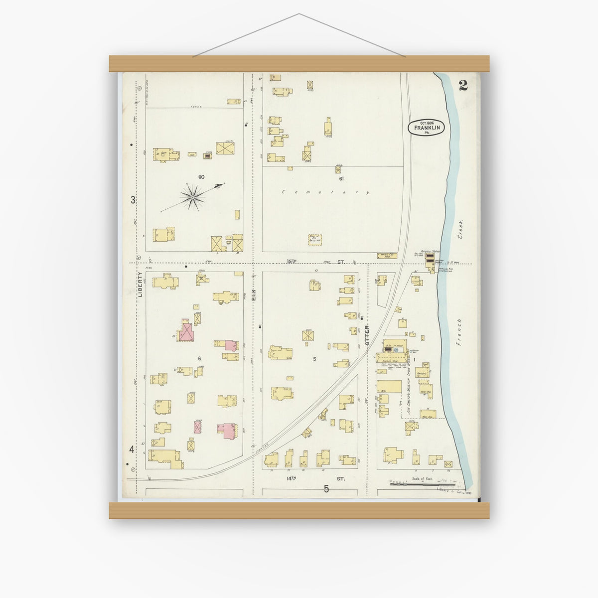 Old map wall art mockup — magnetic wood frame on white wall — Sanborn Fire Insurance Map from Franklin, Venango County, Pennsylvania (1896), Sheet #0002