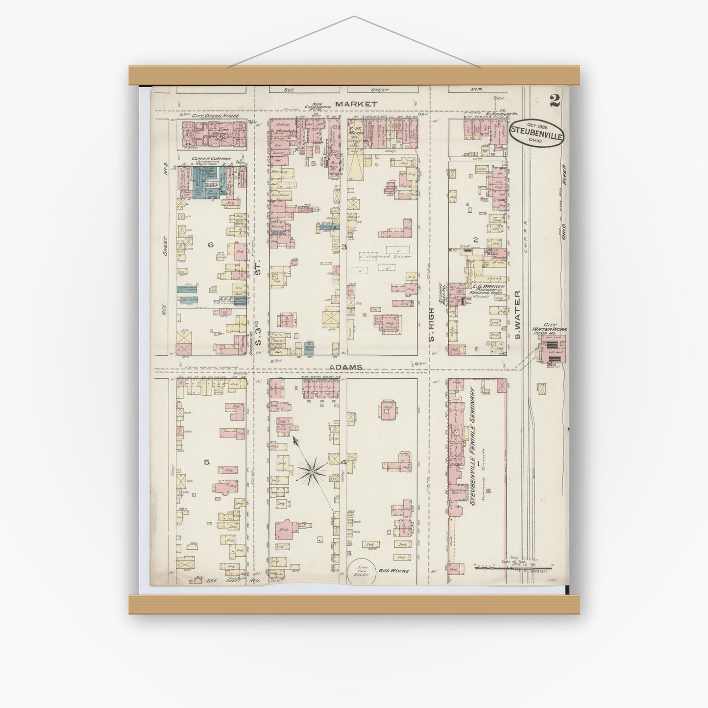 Old map wall art mockup — magnetic wood frame on white wall — Sanborn Fire Insurance Map from Steubenville, Jefferson County, Ohio (1885), Sheet #0002