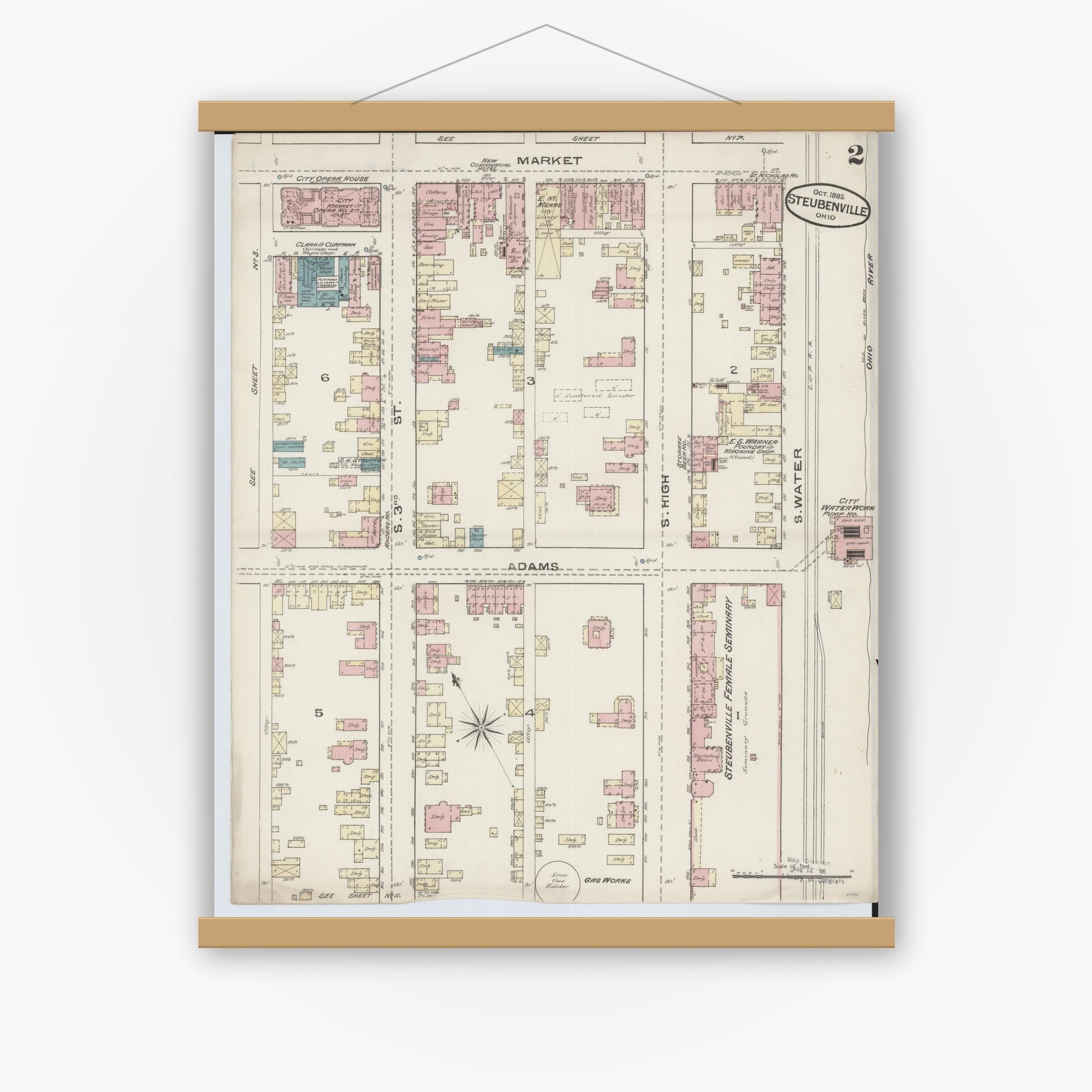 Old map wall art mockup — magnetic wood frame on white wall — Sanborn Fire Insurance Map from Steubenville, Jefferson County, Ohio (1885), Sheet #0002