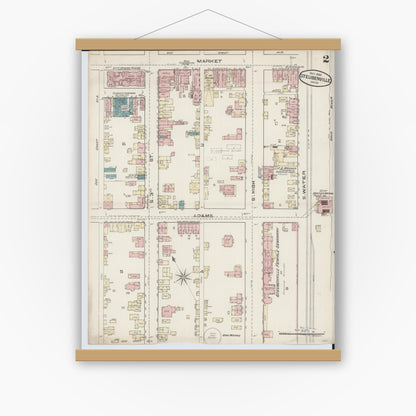 Old map wall art mockup — magnetic wood frame on white wall — Sanborn Fire Insurance Map from Steubenville, Jefferson County, Ohio (1885), Sheet #0002