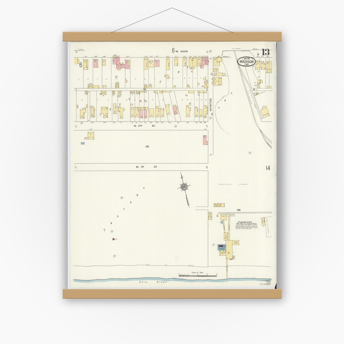 Old map wall art mockup — magnetic wood frame on white wall — Sanborn Fire Insurance Map from Madison, Jefferson County, Indiana (1911), Sheet #0013