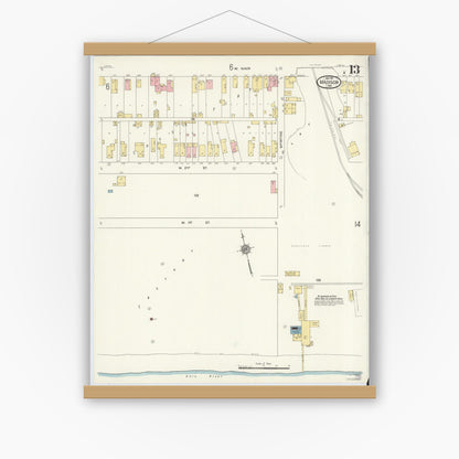 Old map wall art mockup — magnetic wood frame on white wall — Sanborn Fire Insurance Map from Madison, Jefferson County, Indiana (1911), Sheet #0013