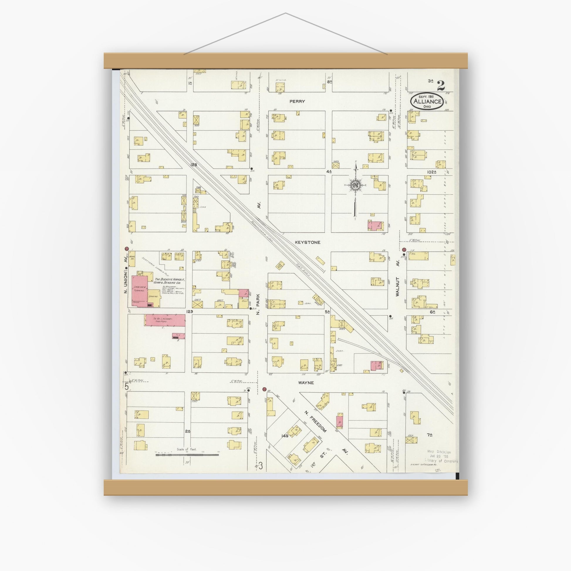 Old map wall art mockup — magnetic wood frame on white wall — Sanborn Fire Insurance Map from Alliance, Stark County, Ohio (1911), Sheet #0002