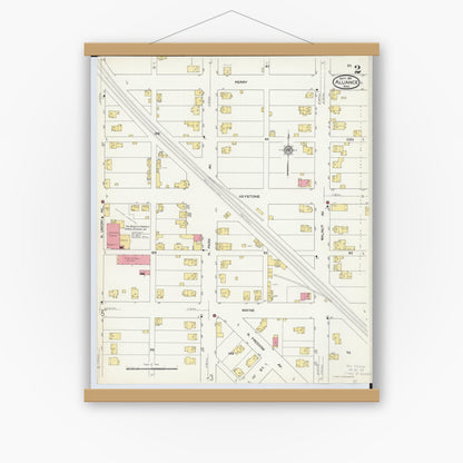 Old map wall art mockup — magnetic wood frame on white wall — Sanborn Fire Insurance Map from Alliance, Stark County, Ohio (1911), Sheet #0002