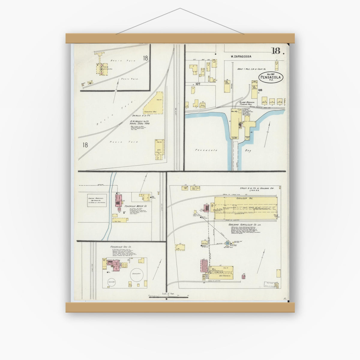 Old map wall art mockup — magnetic wood frame on white wall — Sanborn Fire Insurance Map from Pensacola, Escambia County, Florida (1897), Sheet #0018