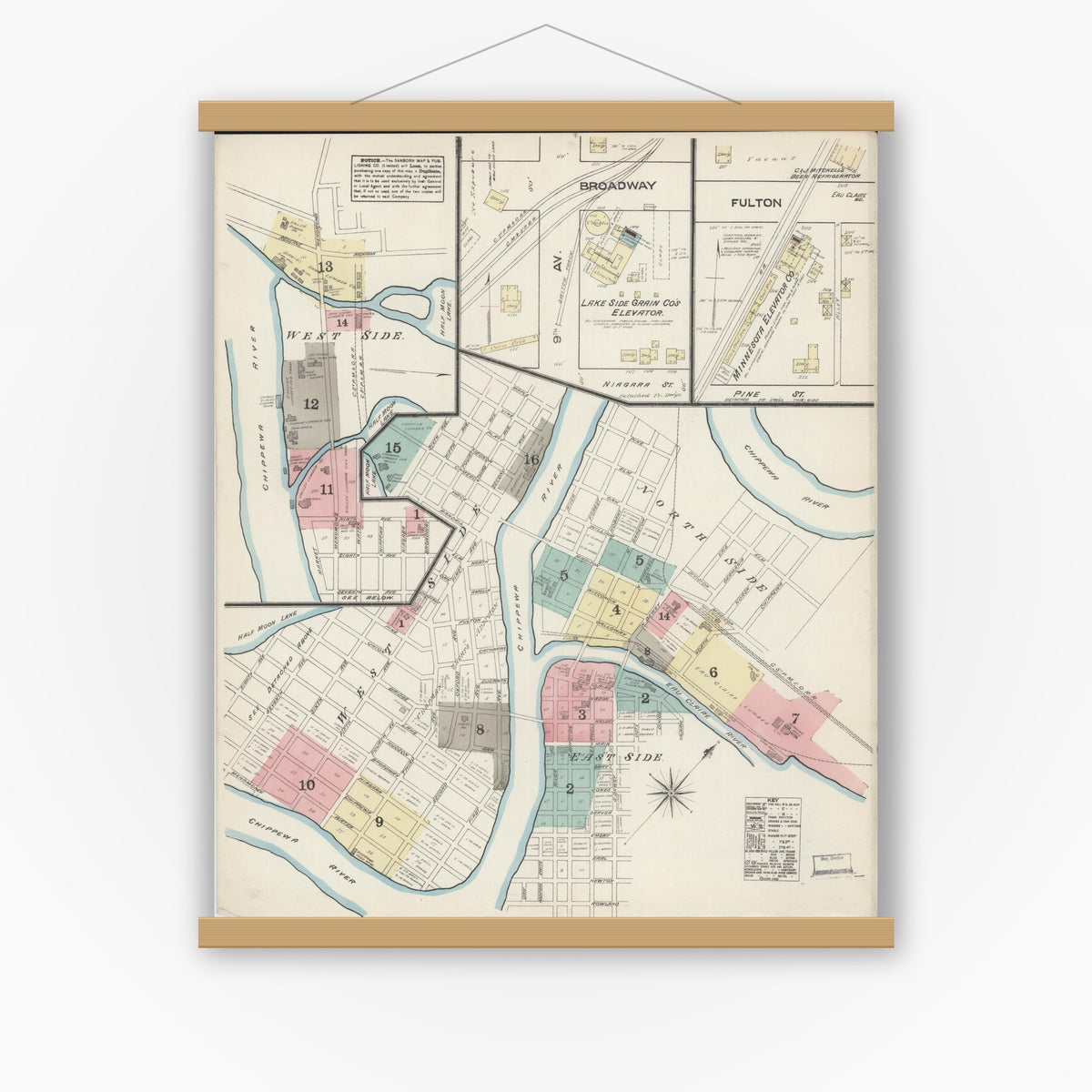 Old map wall art mockup — magnetic wood frame on white wall — Sanborn Fire Insurance Map from Eau Claire, Eau Claire County, Wisconsin (1883) - Complete Map Set