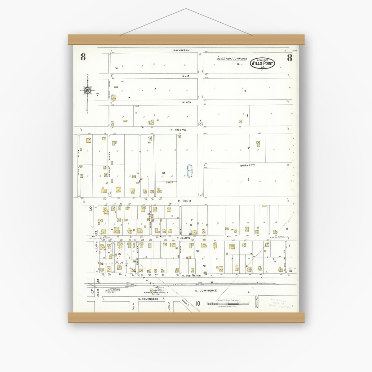 Old map wall art mockup — magnetic wood frame on white wall — Sanborn Fire Insurance Map from Wills Point, Van Zandt County, Texas (1923), Sheet #0008